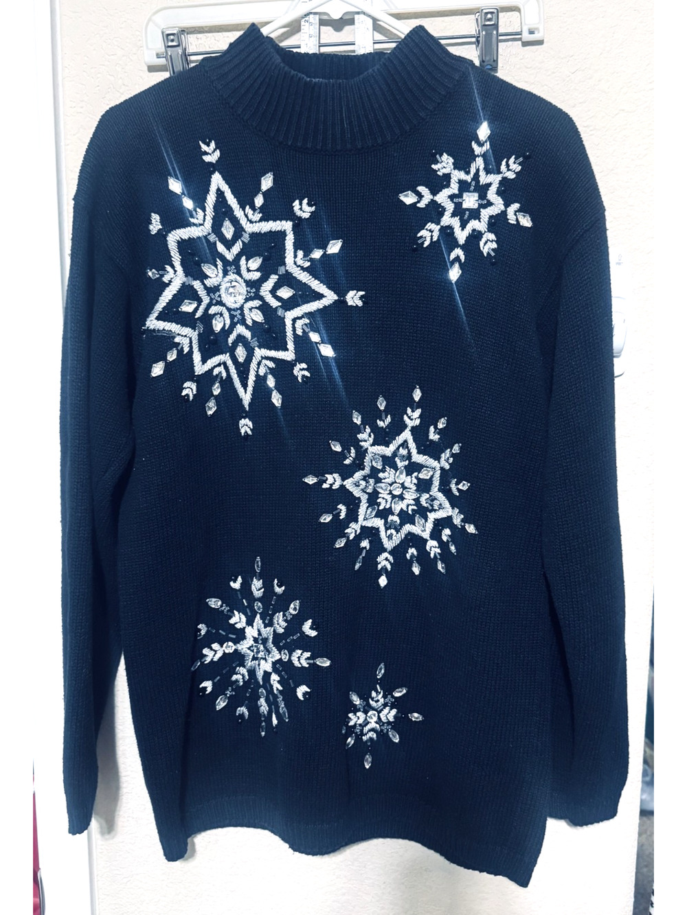 Karen Scott Black Christmas sweater Snowflakes embroidered beaded mock neck M